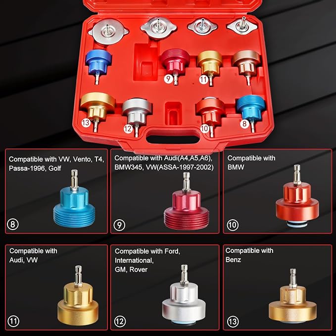 JIFETOR 14PCS Radiator Pressure Tester Tool Kit with Aluminium Pump and Metal Adapters, Red