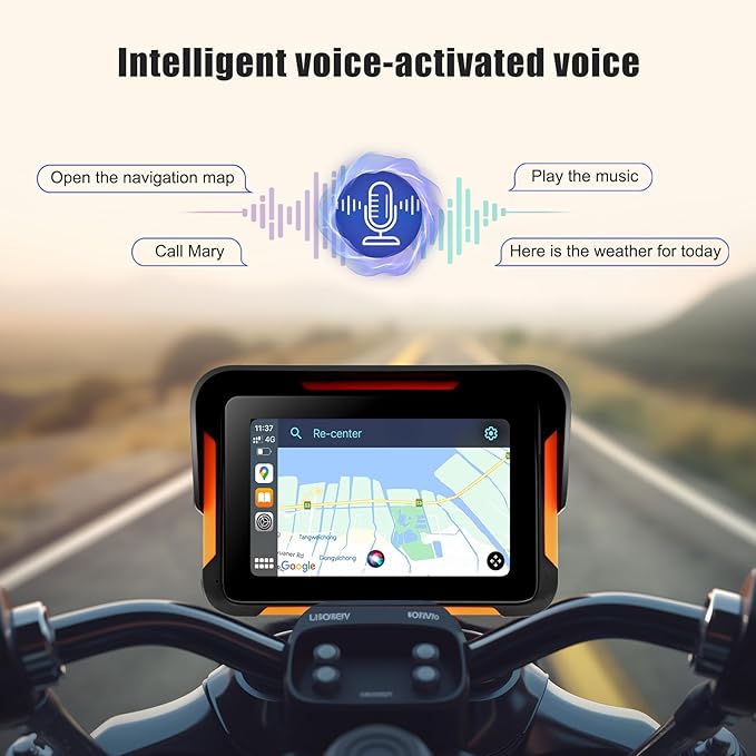Car Stereo for Motorcycle, Universal Motorbike Wireless CarPlay & Android Auto GPS Navigation Dual Bluetooth, 5 Inch IPS Touchscreen Waterproof & Dustproof IP67 Navigator EQ System Voice Control