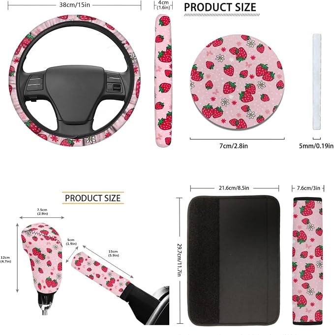 Tupalatus Cute Strawberry 9 Pcs Car Seat Covers Car Accessories Set for Men Women Steering Wheel Cover Auto Seat Belt Cover Coasters Gear Shift Cover Hand Brake Cover