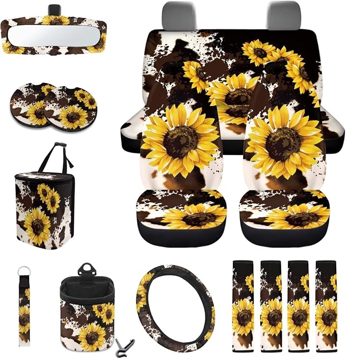 Wanyint Sunflower Brown Cow Print 15 PCS Car Seat Cover Full Set, with Steering Wheel Cover Seat Belt Pad Cover Trash Bin Rear View Mirror Cover Cup Holders Keychain Air Vent Storage Holder Car Decor