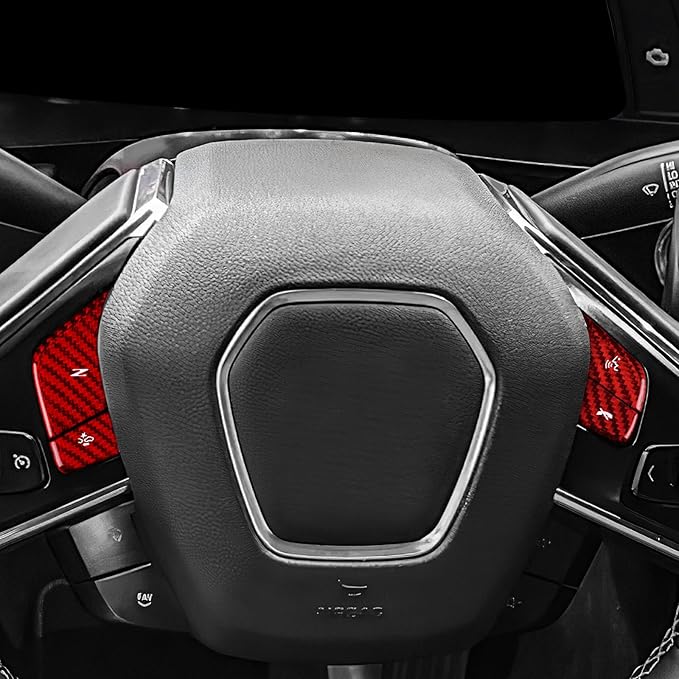 Real Carbon Fiber Steering Wheel Button Covers - 4PCS for Corvette C8 2024 2025 Carbon Fiber Accessories, Durable Anti-Scratch Protective Accessories (Without Heating Button, Red)