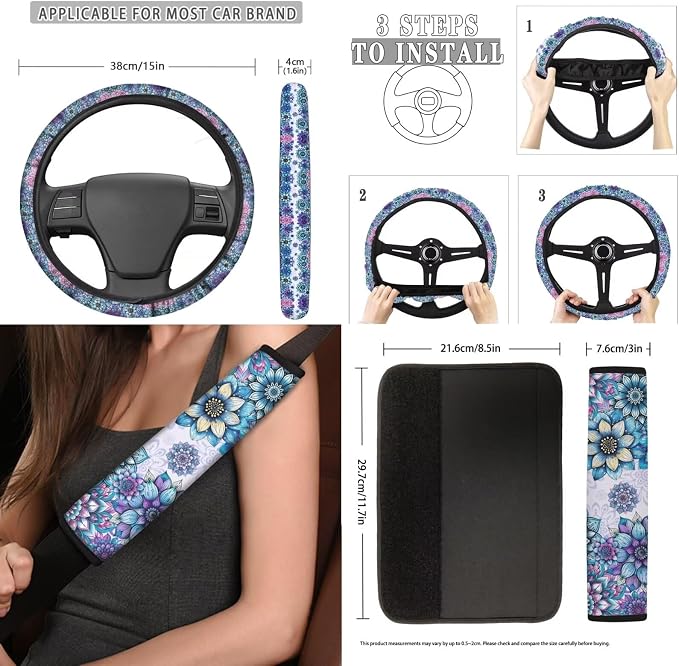 Poceacles Bohemian Flower Blue Violet 13 Pieces Car Accessories Full Set Includes Car Seat Cover Steering Wheel Shoulder Seat Belt Pads Cup Holder Chapstick Holder Tissue Box Keychain Decor