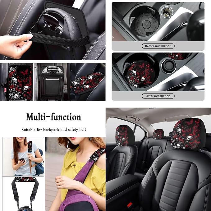 Skull Rose Printed Car Seat Cover Full Set with Steering Wheel Covers Butterfly Auto Seat Belt Pads Car Armrest Pad Car Rear View Mirror Protector Universal Fits, Black and Red
