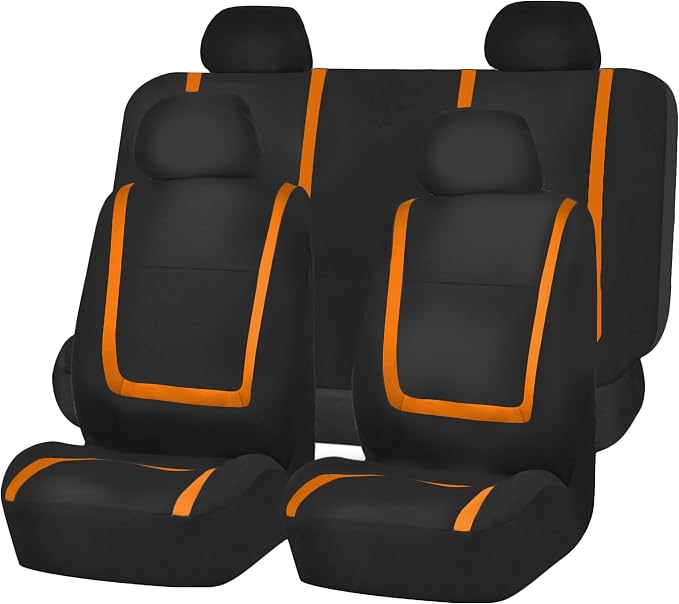 FH Group Automotive Seat Covers Unique Flat Cloth Orange Full Set, Combo Steering Wheel Cover and Seat Belt Pads Rear Solid Bench Universal Fit for Vans Cars Trucks and SUV Interior Accessories