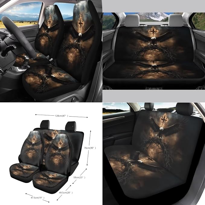 Eagle Cross Pattern 15 PCS Car Interior Accessories, Car Seat Covers + Steering Wheel Cover + Seat Belt Pad + Trash Can + Keychain + Air Vent Storage Bag + Coasters