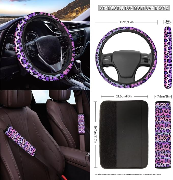 Leopard Print Car Accessories Seat Covers Full Set of 15, Soft Comfy Front and Rear Seat Cover with Safety Belt Pads Steering Wheel Cover Trash Can Car Air Vent Organizer