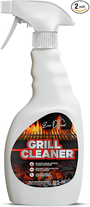 Evo Dyne Grill Cleaner Spray (32 oz), Made in USA - Quickly Cleans BBQ Burnt-on Foods and Grease from Grill Grates - Heavy Duty, Fast-Acting Formula, Less Scrubbing - Food Safe Grill & Oven Degreaser