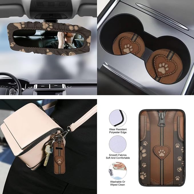 Paw Print Auto Seat Cover Full Set with Steering Wheel Covers, 15 Pcs Car Front Rear Seat Covers Comfy Armrest Pad Coaster Universal Fit for Cars SUVs Trucks, Brown