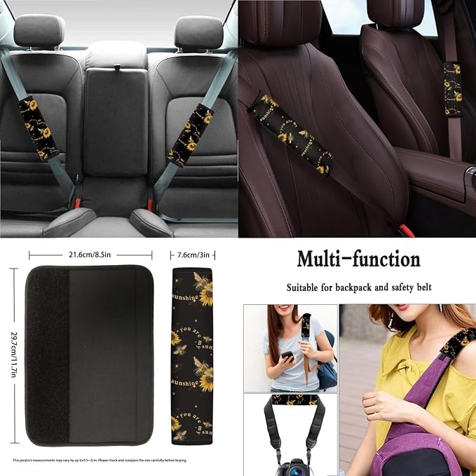 Xoenoiee Bee Sunflower Pattern Universal Car Seat Covers Full Set 11-pcs Car Interior Accessories, Car Coasters, Keychain, Steering Wheel Cover, Seat Belt Pad