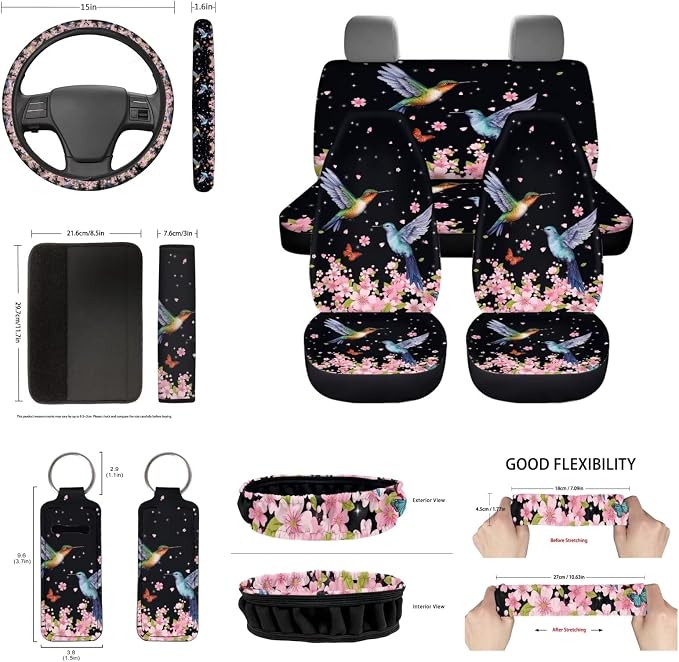 Hummingbirds Car Seat Cover Back Seat Protection Cover Accessory 14 Piece with Absorbent Coaster+Auto Rear View Mirror Cover+Keychain+Steering Wheel Cover+Gear Shift Knob Handbreak Pads