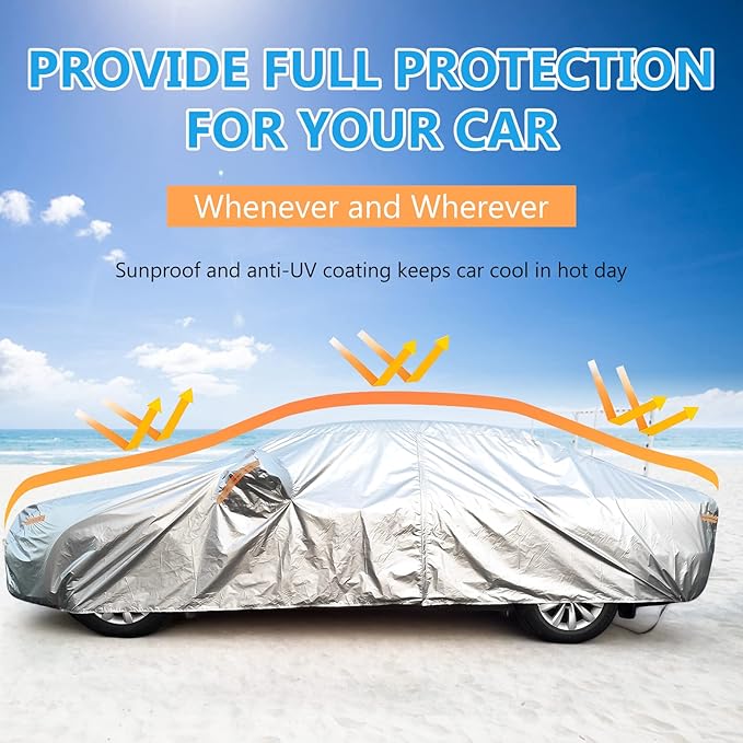 SEAZEN Car Cover Waterproof All Weather, Full car Covers UV Protection/Snowproof/Dustproof, Universal Car Cover 2 Layer with Zipper (Fit Sedan Length Up to 209")