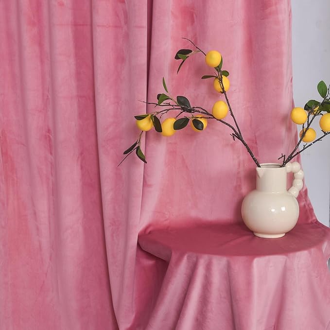 Roslynwood Luxury Soft Candy Pink Velvet Curtains 63 inches Long Back Tab Thermal Insulated Blackout Window Drapes for Living Room/Bedroom/Dining Room, W52 x L63, 2 Panels