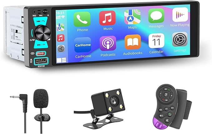 LSLYA Single Din Car Radio, Touchscreen Car Stereo for Wireless and Wired Apple Carplay,Android Auto, Radio para Carro with Mirror Link, Car Radio with Backup Camera GPS USB&Type-C FM/AM SWC EQ MIC
