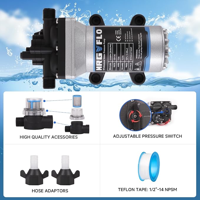 [Upgraded Version] 12V DC RV Fresh Water Pump, 5.5GPM 55PSI, Five Chamber Self-Priming Diaphragm Pump with Heavy Duty Pressure Switch & Strainer (12V-5.5GPM-55PSI)