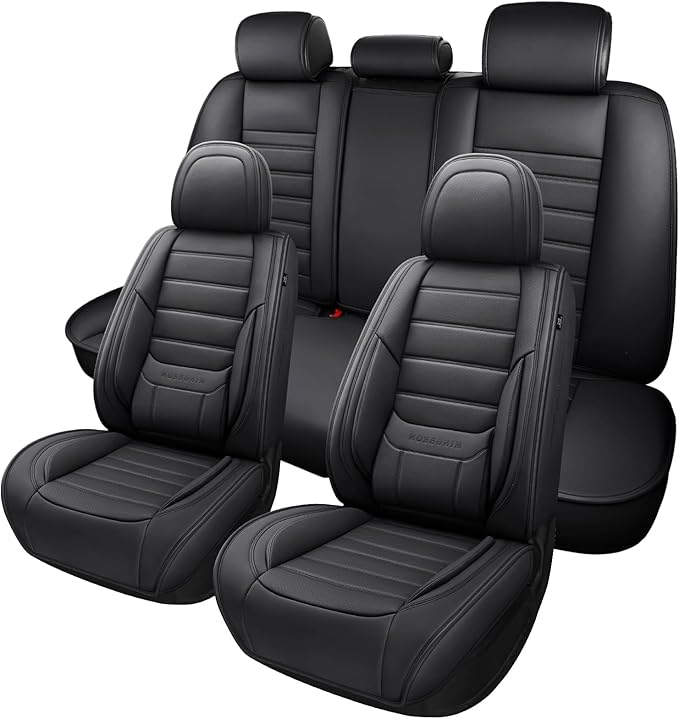 MINGBRON Black Car Seat Cover with Lumbar Support, Car Seat Protector Waterproof, Nappa Leather Car Seat Cushion, Car Seat Covers Front Seats and Back Fit for Most Cars