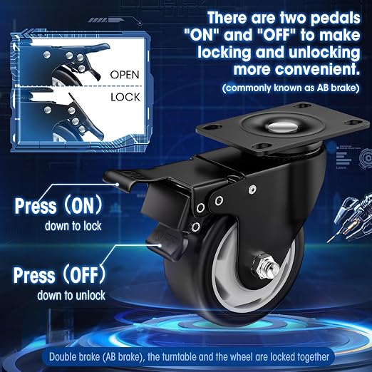 3" Heavy Duty Plate Casters, 1000 Lbs Dual Brake - Set of 24 | Black 1000 Lbs per 4 casters. 360° Swivel. Dual lock. PU won't mark floors. For workbench, furniture, cart.