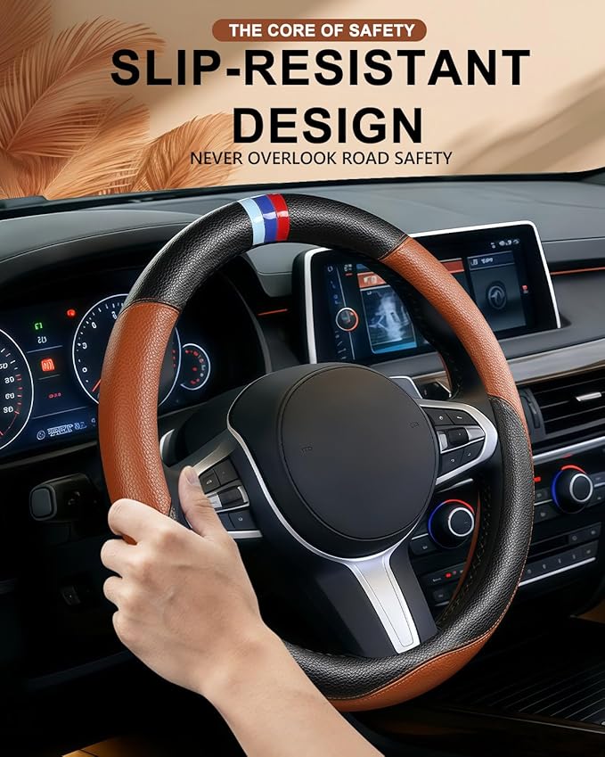Steering Wheel Cover for BMW Leather Car Steering Wheel Covers Universal for Car SUV Truck with Anti-Slip Lining 14.5-15inch (Brown)