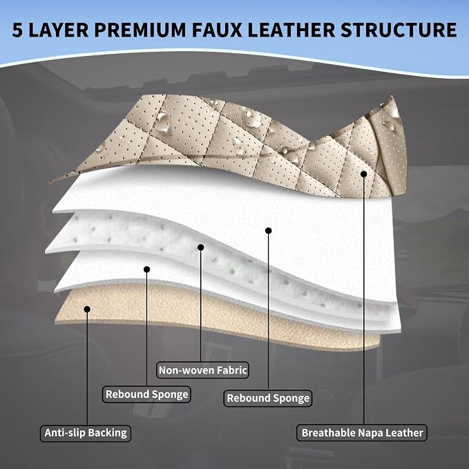 Leather Car Seat Covers Full Set Breathable Automotive Seat Covers Waterproof Seat Protectors Fit for Most Automotive Cars SUV Trucks Vehicle (Beige, Full Set)