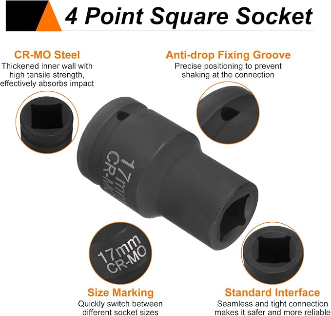 HARFINGTON 3pcs 4 Point Square Socket 1" Drive 17mm Metric CR-MO Phosphate Blackening Standard Wheel Impact Sockets for Auto Repair Mechanical Maintenance Home Install