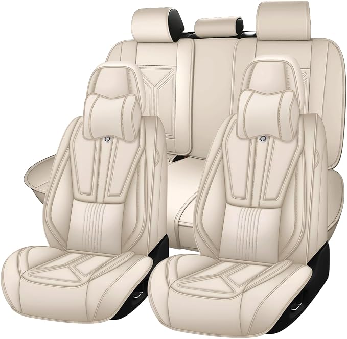 Arazi Fit for 98% of Mazda Seat Covers, 360° Full Wrap Original Seat Cover, Waterproof Nappa Leather Seat Covers with Big Space Storage Pocket Seat Protector（5 Seats Luxury, Beige）