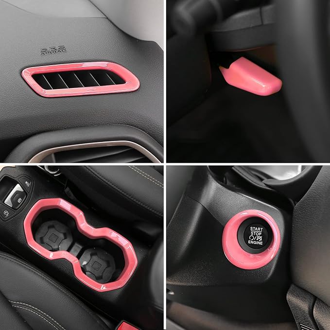 CheroCar 31 PCS Full Set Interior Decoration Trim Kit Steering Button Cover Door Handle Cover Air Outlet Cover Cup Holder Gear Cover Trim Door Speaker Cover for Jeep Renegade 2016-2018,Pink…