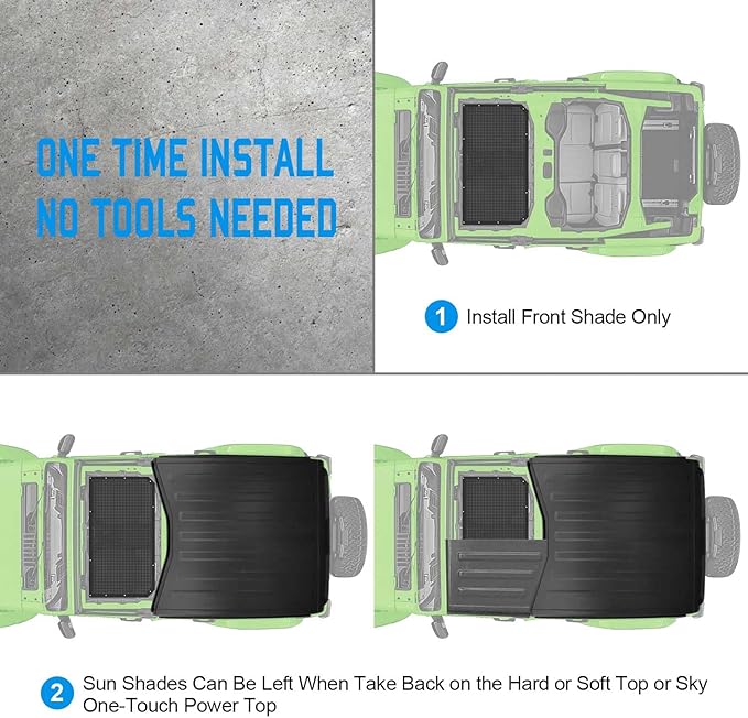 JT JL Top Sun Shade Roof Compatible with Jeep Wrangler and Gladiator 2 or 4 Door 2018 to 2023 Sunshade Sunroof Blocks UV Wind Noise Black Mesh for Front