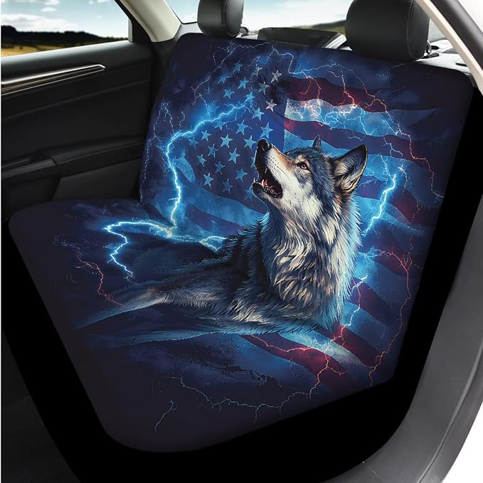 Bulopur Wolf Lightning Car Seat Covers Front and Rear with Armrest Cover Seat Headrest Cover Car Seatbelt Shoulder Strap Covers Keychain Patriotic Auto Interior Accessories Set for Van Sedan SUV