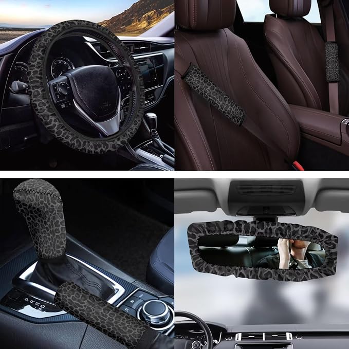 Black Leopard Print 11 Pack Car Seat Covers Full Set Front Seat Cover Car Steering Wheel Cover Auto Seat Belt Cover Gear Lever Cover Cars Rear View Mirror Cover for Cars SUV