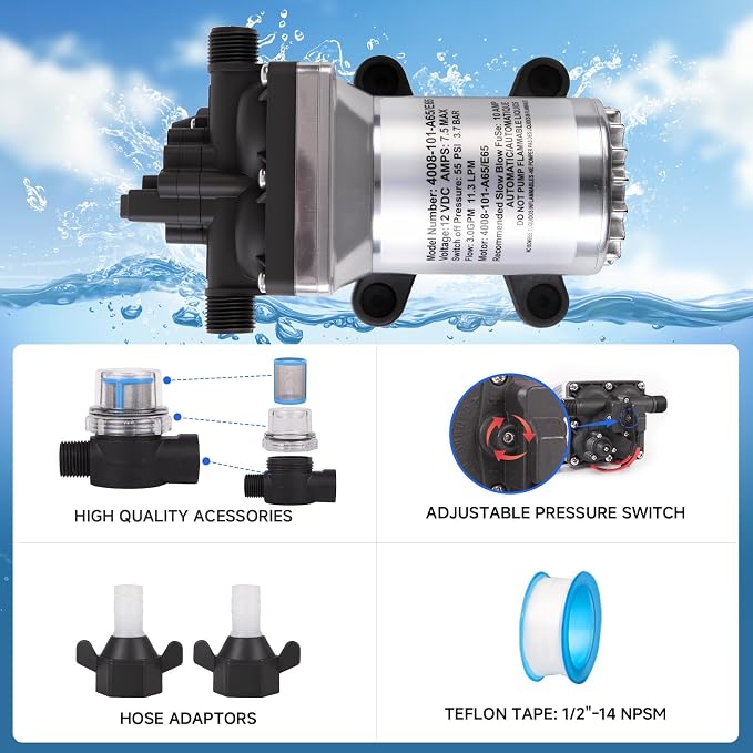 12V RV Water Pump 4008-101-A65/E65 | 3.0 GPM - 55 PSI | Camper RV Water Pump | Self-Priming & Quiet Diaphragm Pump | Thermal Protection & Dry Run Safe | Includes Twist-On Strainer + Quick Fittings