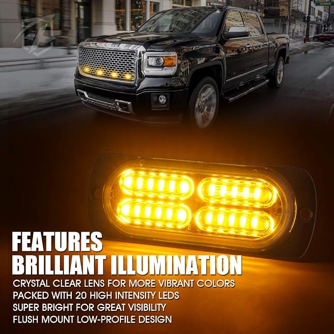Xprite 24 LED Amber Surface Mount Strobe Lights Kit with Control Panel, Grill Grille Side Marker Flashing Emergency Warning Light Assemblies for Trucks Vehicles ATV RV Cars Van 4PCS