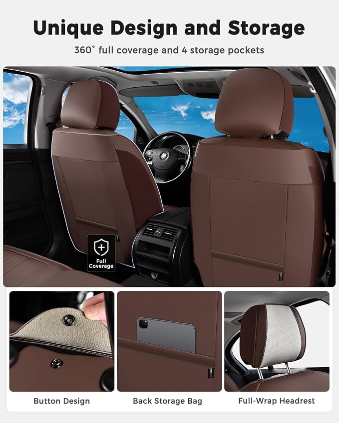 Huidasource Coffe White Front Seat Covers Luxury Faux Leather Front Car Seat Cover, Compatible with Airbags, Seatbelt Buckles, Perforation, Cooling＆Heating Universal Fit for Most Cars Vans Trucks SUVs