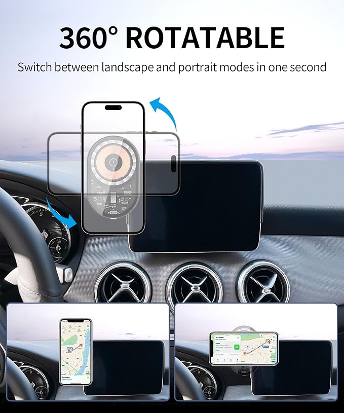 Wireless Charging Car Phone Holder for Mercedes Benz CLA-Class 2015-2019 / GLA-Class 2016-2020, 7/8" Screen Fixed Clip, 360° Rotation Car Phone Mount Compatible with MagSafe