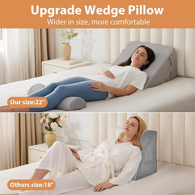 BIEEZZK 3PCS Wedge Pillow Set, Adjustable Wedge Pillow Headboard, Bed Wedge Pillows for Back Pain Relief, Sleeping, Post Surgery, Back Support Pillow for Bed Sitting Up, Snoring, GERD, Grey
