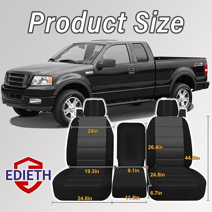 Front 40/20/40 Thickened Heavy-Duty Oxford Fabric Seat Covers Compatible with Ford F150 XL/Standard Cab 2004-2008, Split Bench with Integrated Seatbelts & Solid Armrest-Black