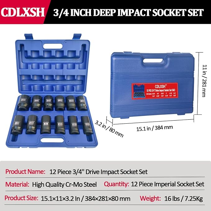 3/4 Inch Deep Impact Socket Set, Standard 6-Point SAE Socket Set | 12 Pcs Heavy Duty Drive Impact Sockets(13/16"-1-5/8"), Cr-Mo Steel, Overall Heat Treatment for Vehicle and Equipment Repair