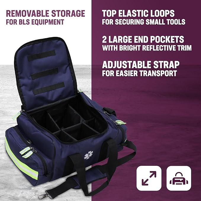 Kemp USA Maxi Trauma Bag Navy Blue Large EMT First Responder Medical Supply Storage Water Resistant 600D Nylon First Aid Survival Gear Organizer with Reflective Trim Adjustable Strap