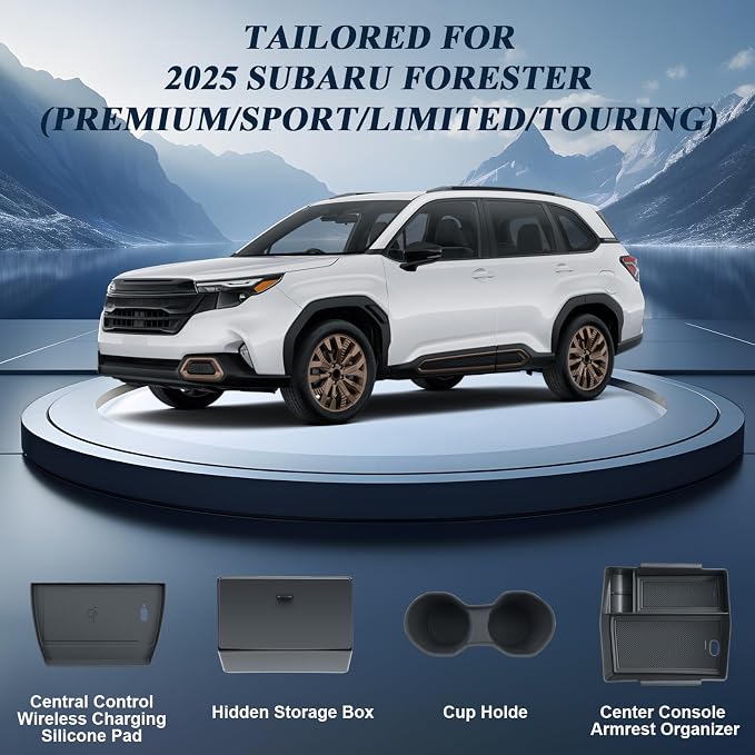 BIBIBO for 2025 Subaru Forester Console Organizer 2025 Subaru Forester Console Armrest Tray+Cup Holder +Wireless Charging Mat +Hidden Storage Box 2025 Forester Accessories