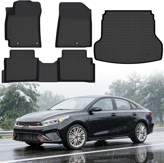 Floor Mats for Kia Forte S/EX/FE/LX/LXS/GT/GT-Line 2019-2026, Custom Fit Heavy Duty TPE All Weather Protection, Waterproof Non-Slip Black (Two-Row Floor Mats & Cargo Liner)