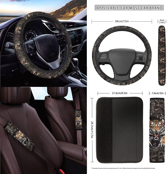 Tiger Forest Camo Print 15PCS Car Seat Protection Steering Wheel Cover, Seat Belt Strap Cover Trash Can Keychain Air Outlet Pocket Mirror Cushion Universal Fit Most Cars