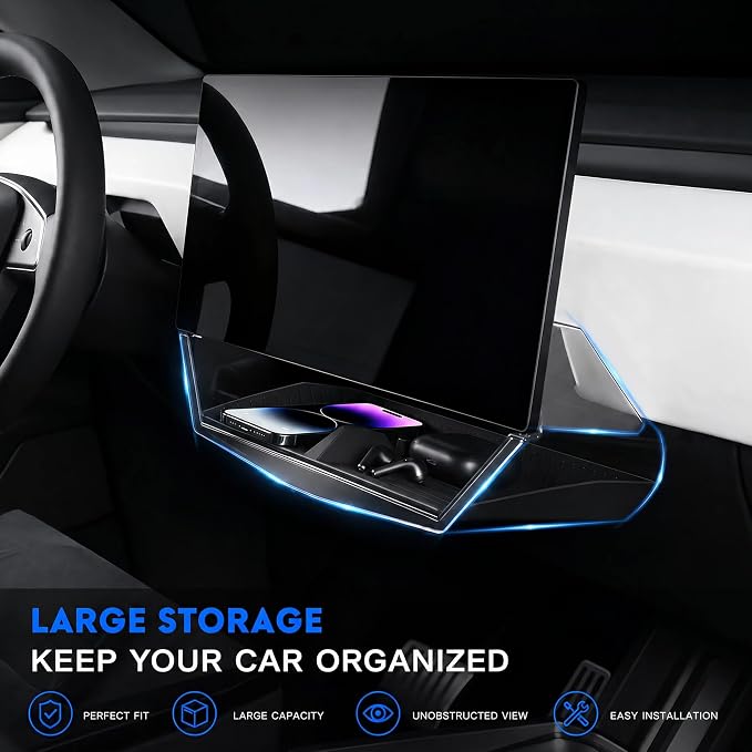 Under Screen Storage Box for 2024 2025 2026 Tesla Cybertruck, Center Console Hidden Dashboard Organizer Tray with Anti-Slip Liner, Quick & Stable Installation Cybertruck Interior Accessories