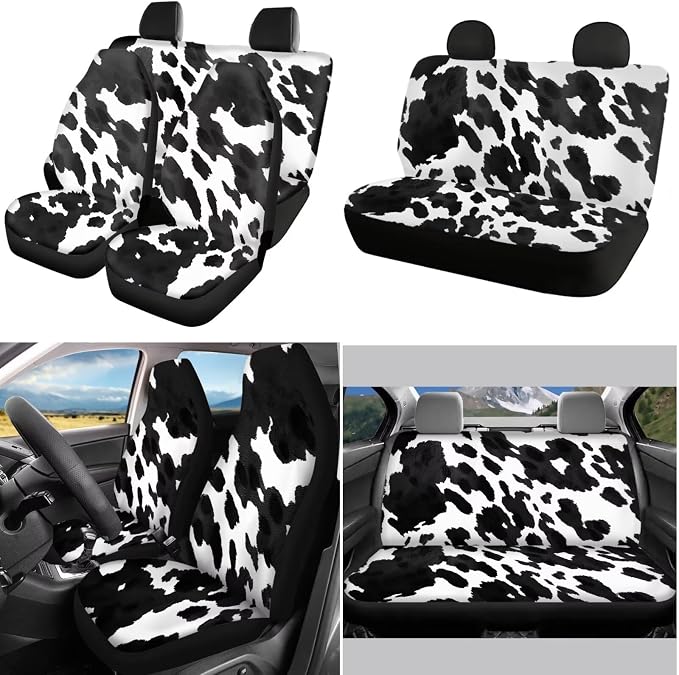 POLERO Cow Print Car Seat Cover Set 11pcs Vintage Steering Wheel Cover Auto Interior Accessories with Seatbelt Protector Pads Car Coasters and Keychains