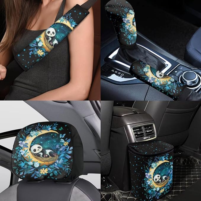BIGCARJOB 15 Pcs Cute Panda Car Interior Sets for Women Car Seat Cover Vehicle Bucket Seat Cover Full Set Trash Can Car Seat Headrest Pillow Cover Seat Belt Pads