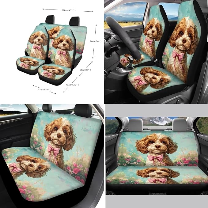 Xoenoiee Poodle Dog Floral Print 11 Pack Car Accessories Interior Seat Cover Full Set, Front Seat Cover, Back Seat Cover, Steering Wheel Cover, Seat Belt Pads, Coasters, Key Chains