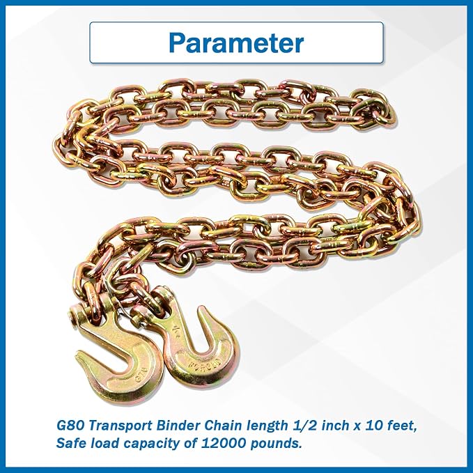 1/2 Inch x 10 Feet Transport Binder Chain G80 Safey Tow Chain with Grab Hooks 12000 Lbs Safe Work Load for Transporting Towing Tie Down Binding Equipment