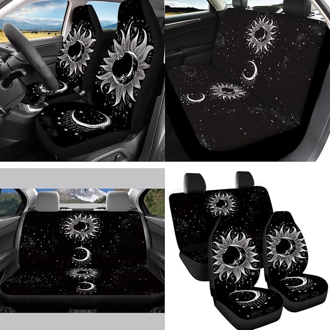 14 Pack Moon and Stars Car Seat Covers Full Set Black Car Accessory with Universal Fit Steering Wheel Cover/Seat Belt/Keyring/Coaster/Car Rear View Mirror Covers Automotive Interior Sets