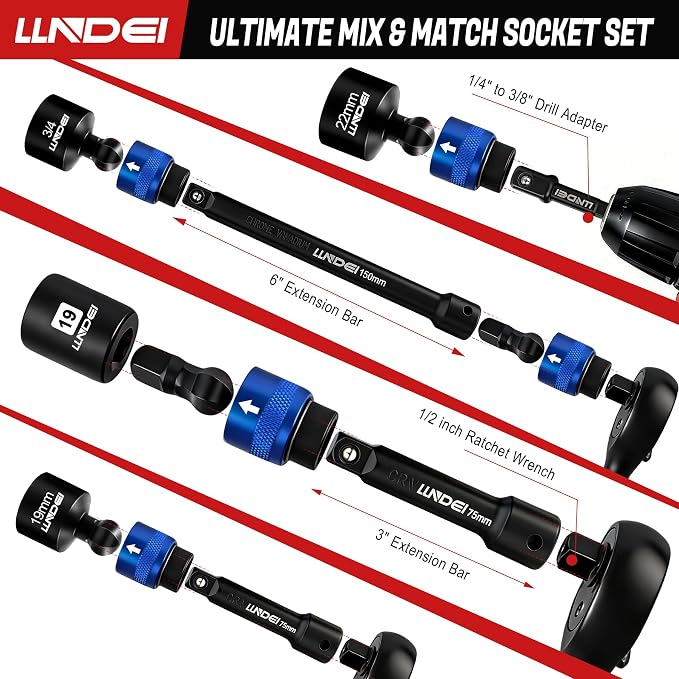 LLNDEI 29Pcs Swivel Socket Set, Quick Release Design, CR-MO 3/8 Swivel Sockets Metric(8-22mm)&Sae(5/16"-3/4"), Wobble Socket Set with Ratchet Wrench, Extension Bar and Adapters.