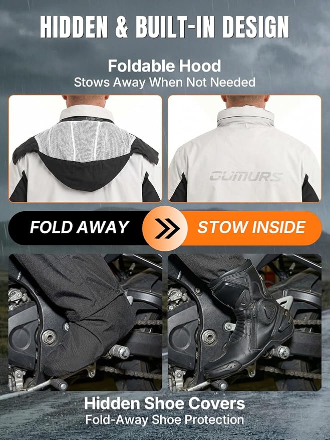 Oumurs Men's Motorcycle Rain Suit Waterproof Jacket & Pants with Reflective Strips, Breathable Mesh Lining Riding Raincoat