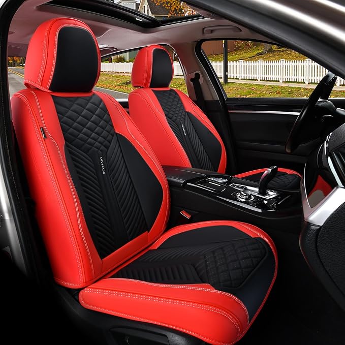 Coverado Front Seat Covers, 2 Pack Waterproof Seat Covers for Cars, Luxury Leather Seat Cushions, Front and Rear Seat Protectors, Auto Seat Covers Fit for Most Vehicles(Black&Red)