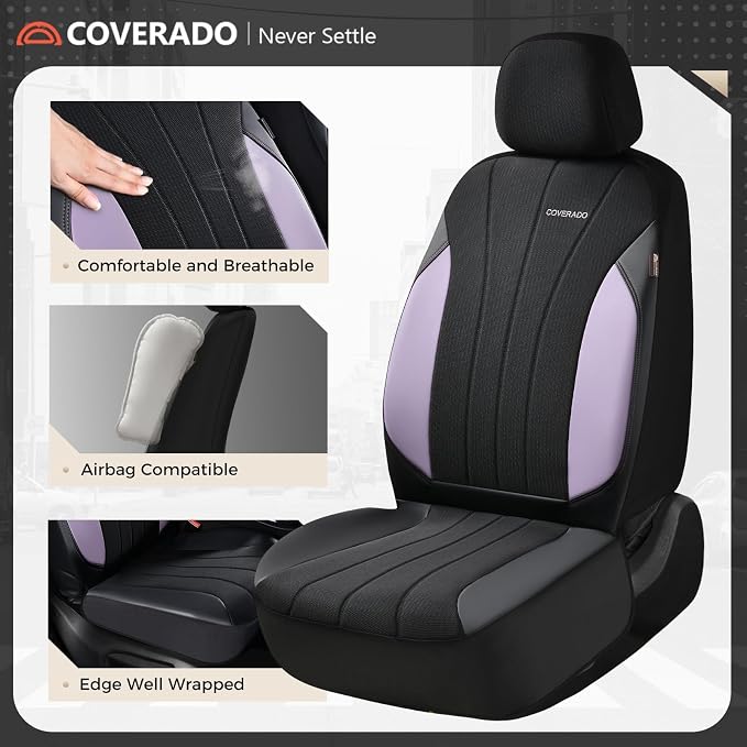 Coverado Car Seat Covers Full Set, Automotive Seat Covers 5-piece, Leather Car Protectors 5 Seats, Purple Auto Seat Covers Spill-Proof Design Universal Fit for SUV, Vans, Sedan, Truck