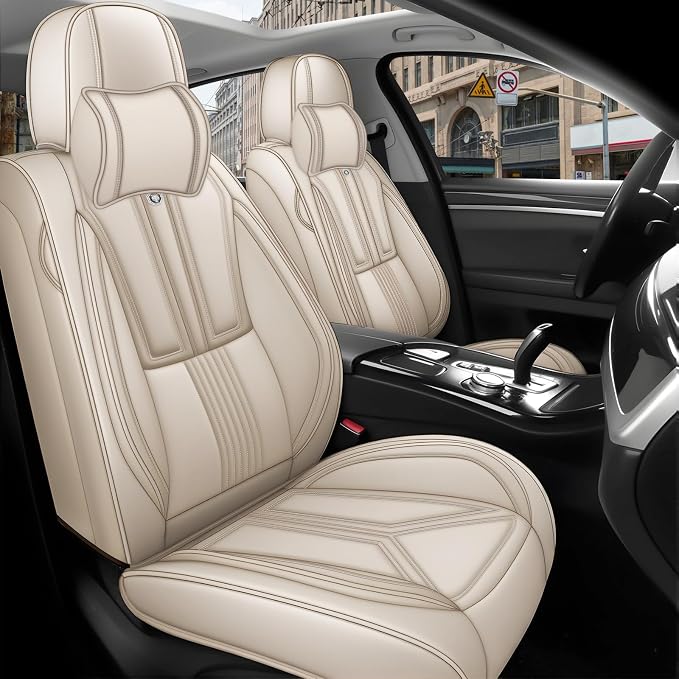 Arazi Fit for 98% of Mazda Seat Covers, 360° Full Wrap Original Seat Cover, Waterproof Nappa Leather Seat Covers with Big Space Storage Pocket Seat Protector（2 Seats Luxury, Beige）